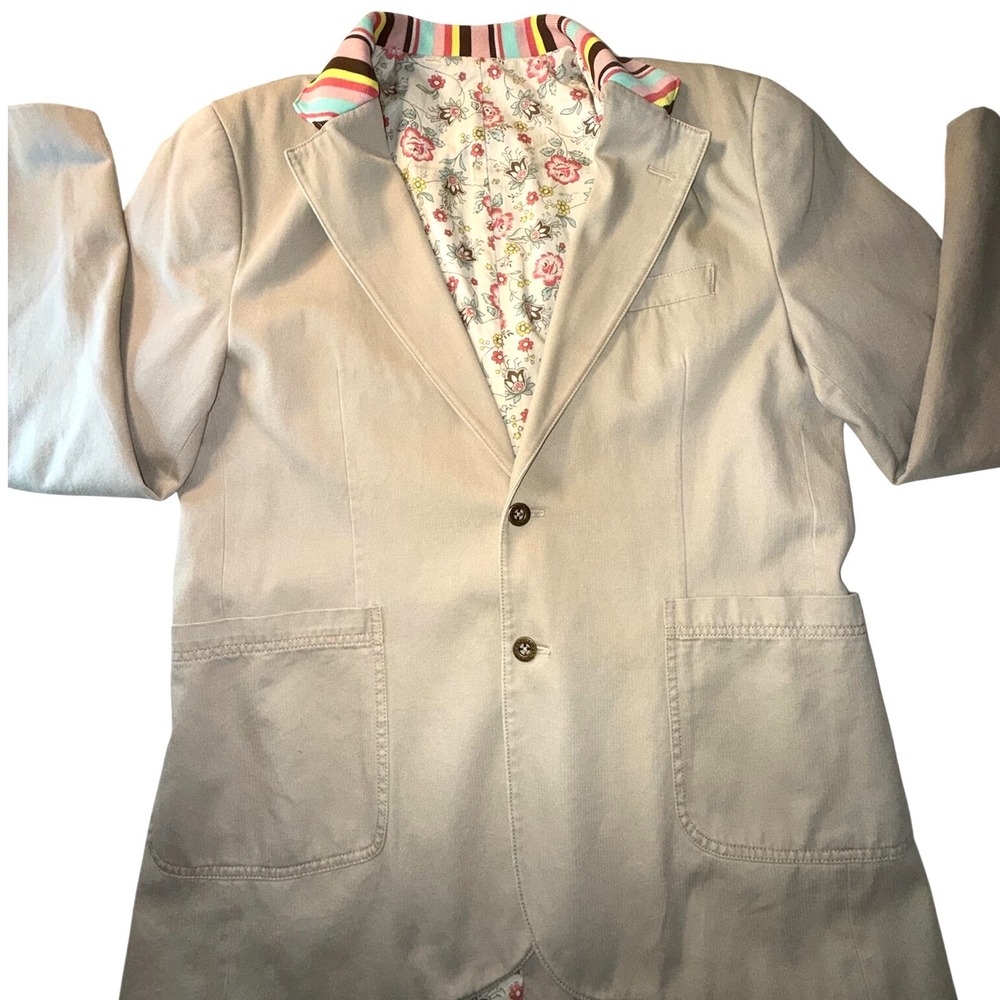 Modern Amusement Tan Cotton Herringbone Blazer Floral Lining XL